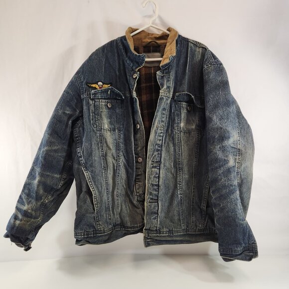 Denver Hayes Mens Lined Quilted Denim Jacket Distressed Parachutist Patch Warm - Picture 1 of 16